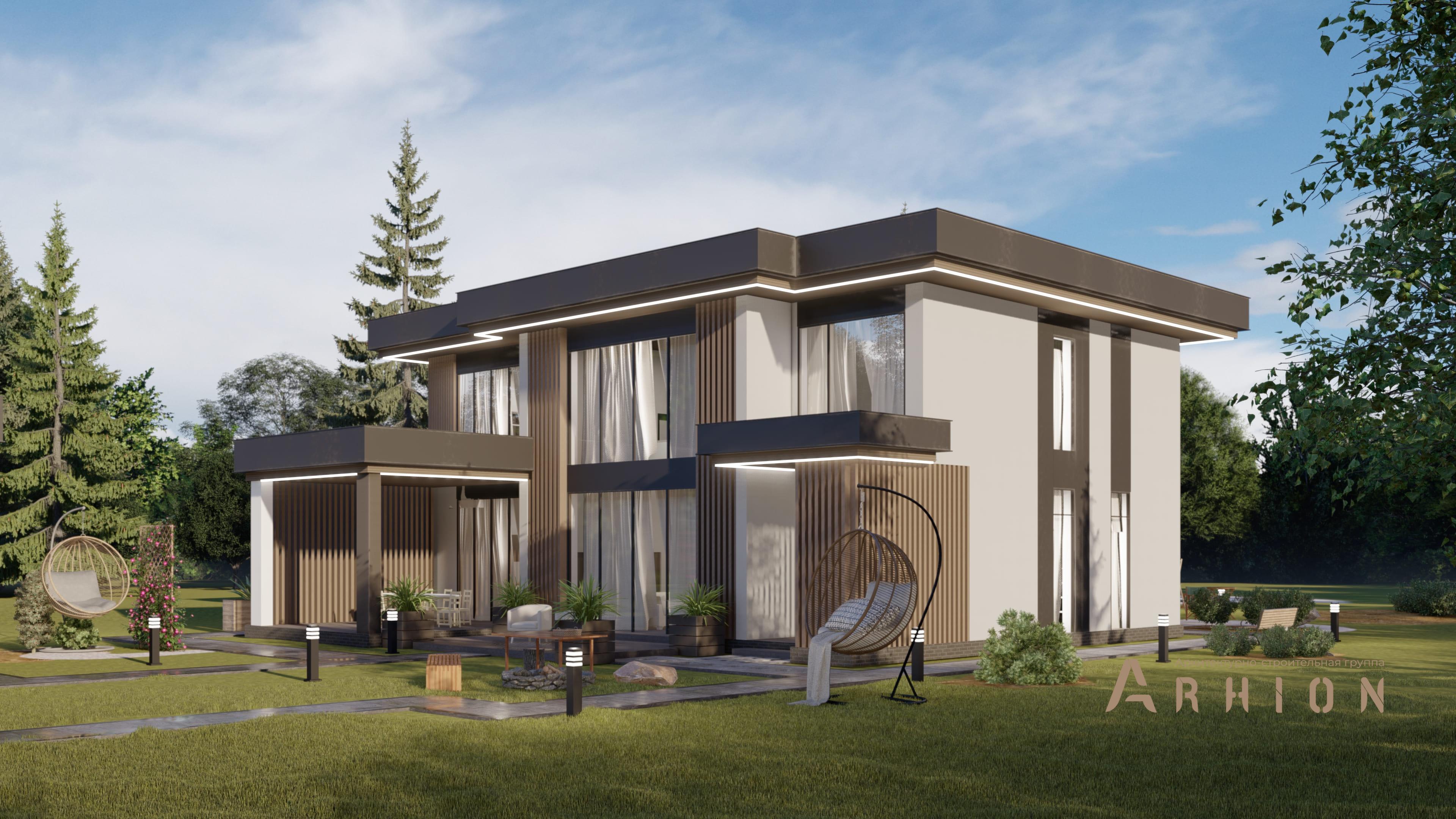 8. Проект двухэтажного дома в стиле хай-тек с плоской кровлей , H-079, площадью - 325 кв c терассой, балконом, гаражом